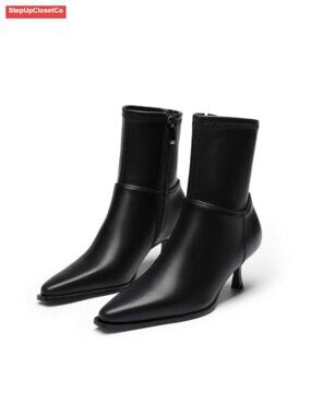 Pointed Toe Kitten Heel Ankle Boots Stretch Pull-On